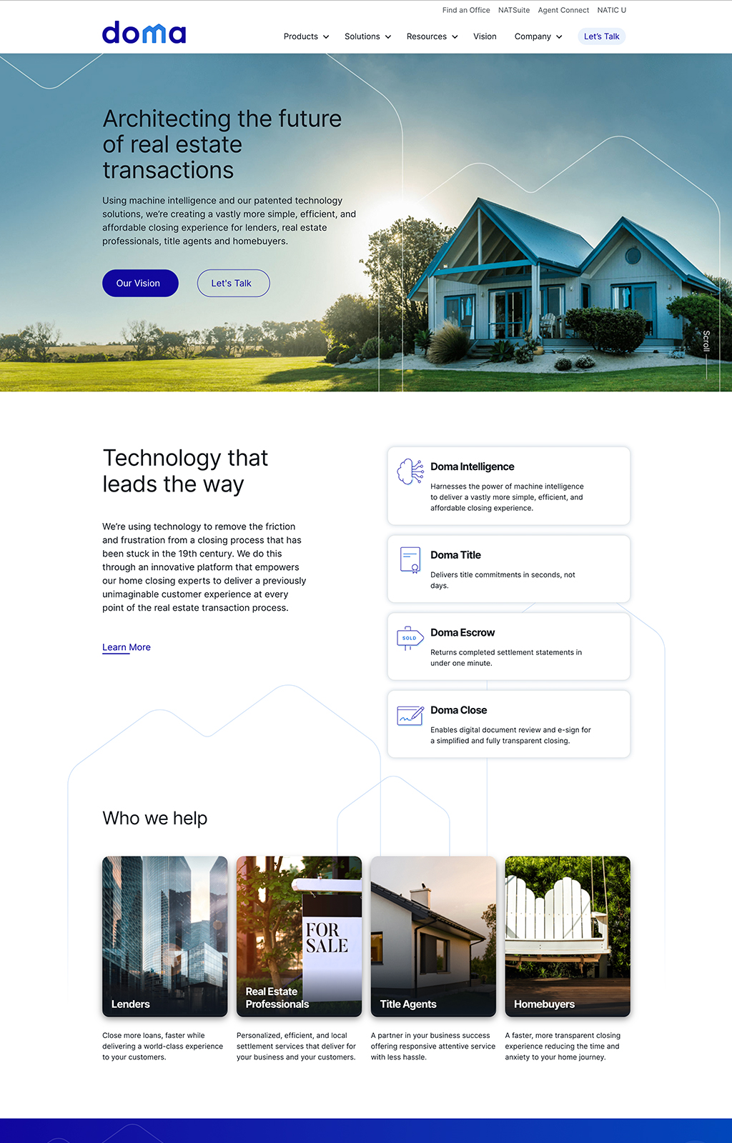 The main Doma website showcasing our new branding and utilizing the M shape to connect back to home and community