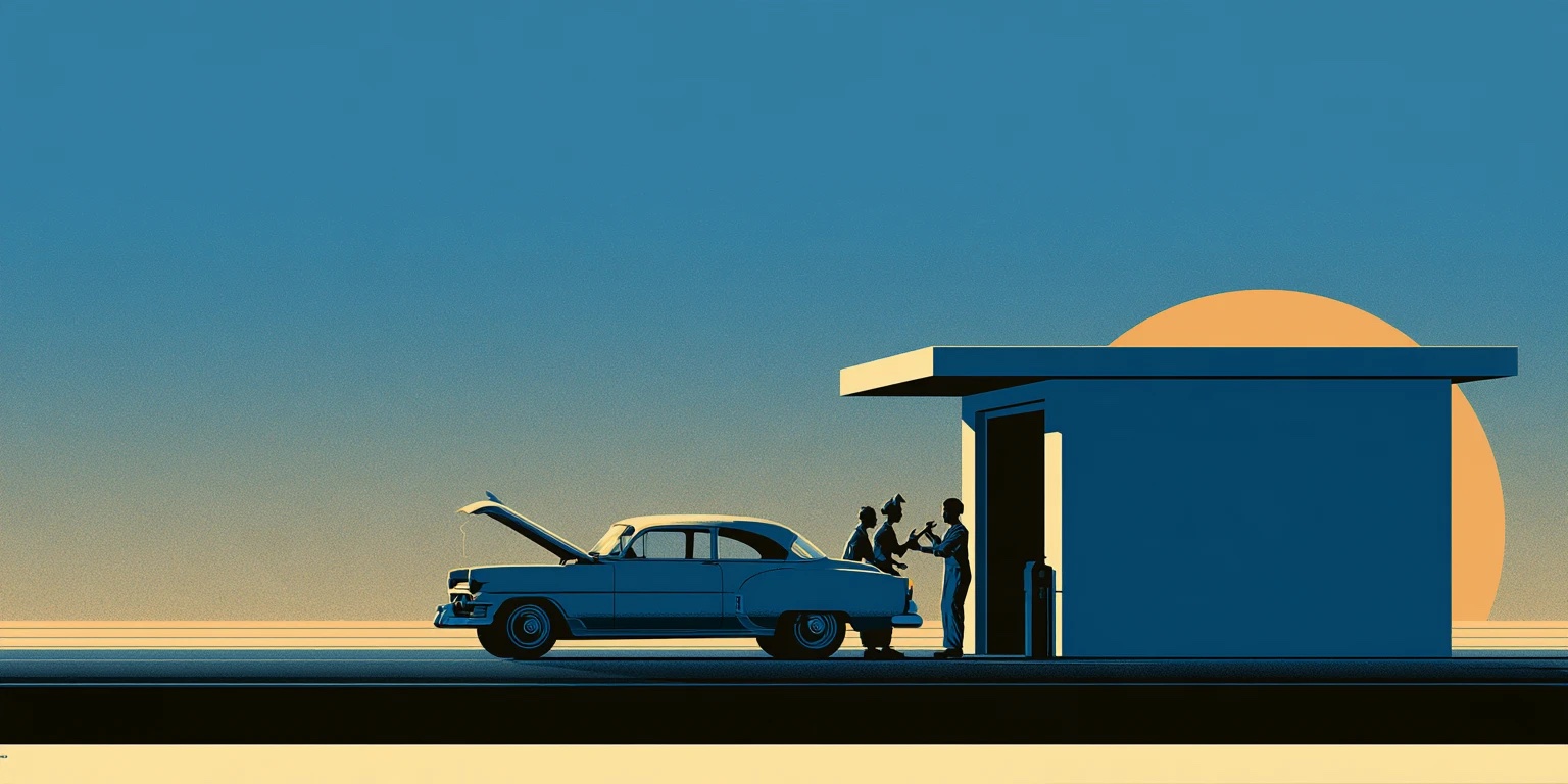 Illustration of three mechanics working together beside a classic car with its hood up, outside a roadside garage at sunset.