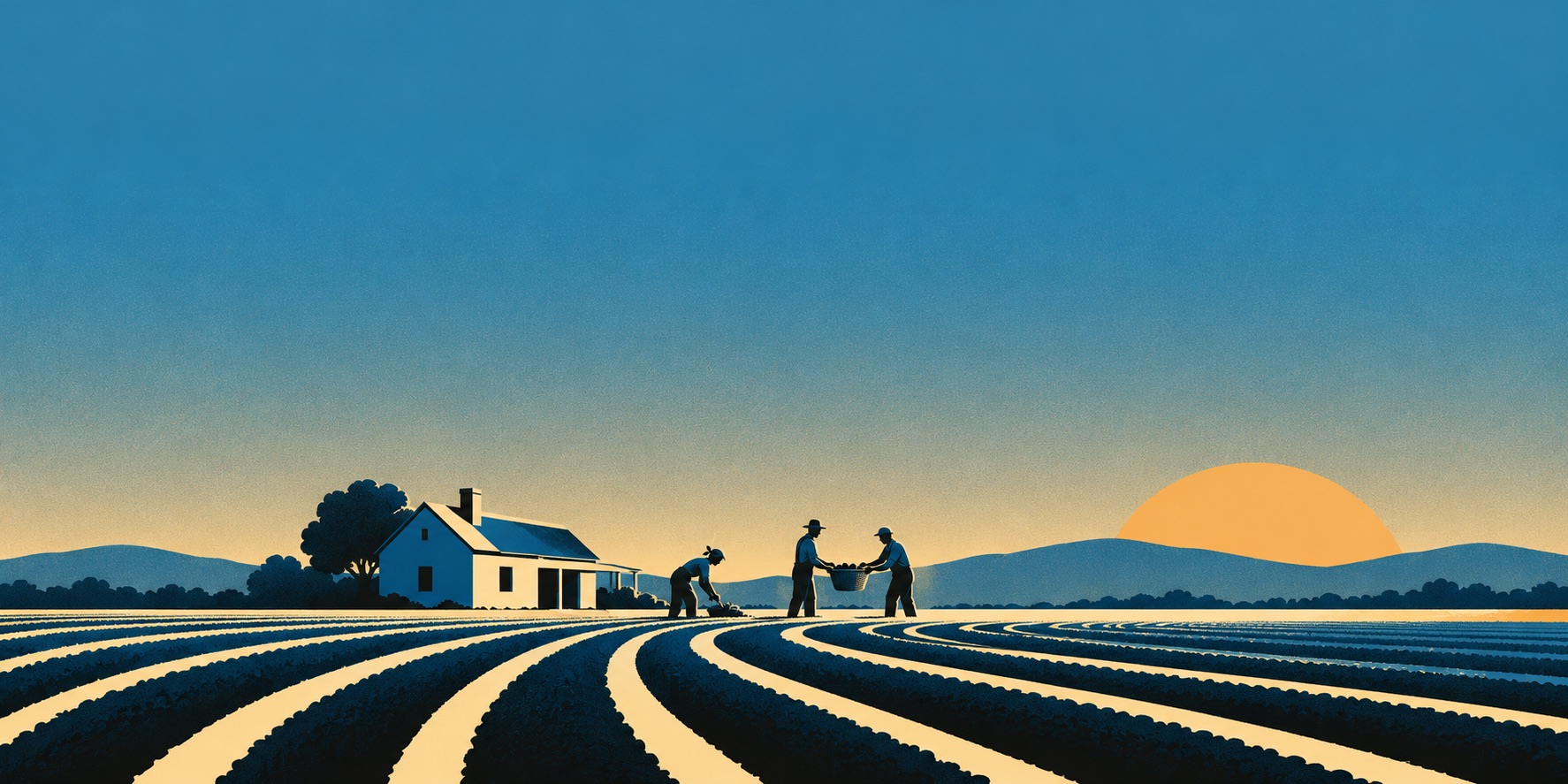 Illustration of three farmers working together in curving crop rows, passing a basket, with a farmhouse and a setting sun behind them.