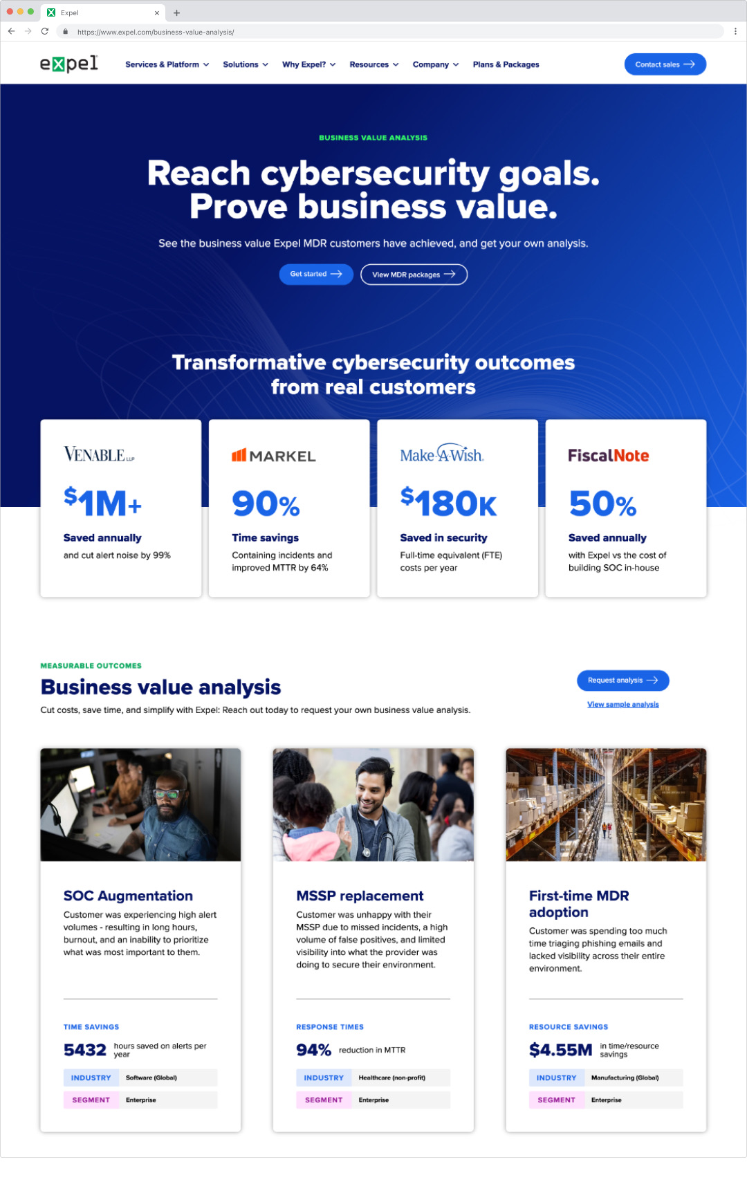The Expel business value page, with customer savings figures and three customer case cards