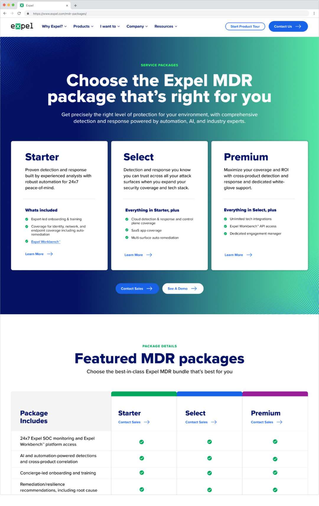 The Expel MDR packages page, comparing Starter, Select and Premium