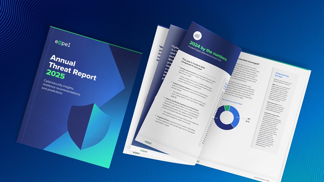 The Expel Annual Threat Report 2025, cover and an open spread