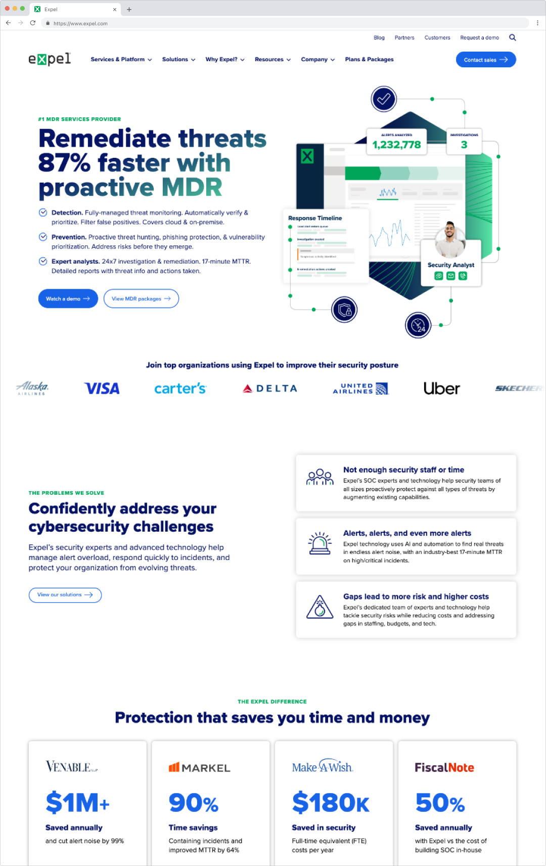 The Expel homepage after the refresh, navy and green, with customer logos and outcome numbers