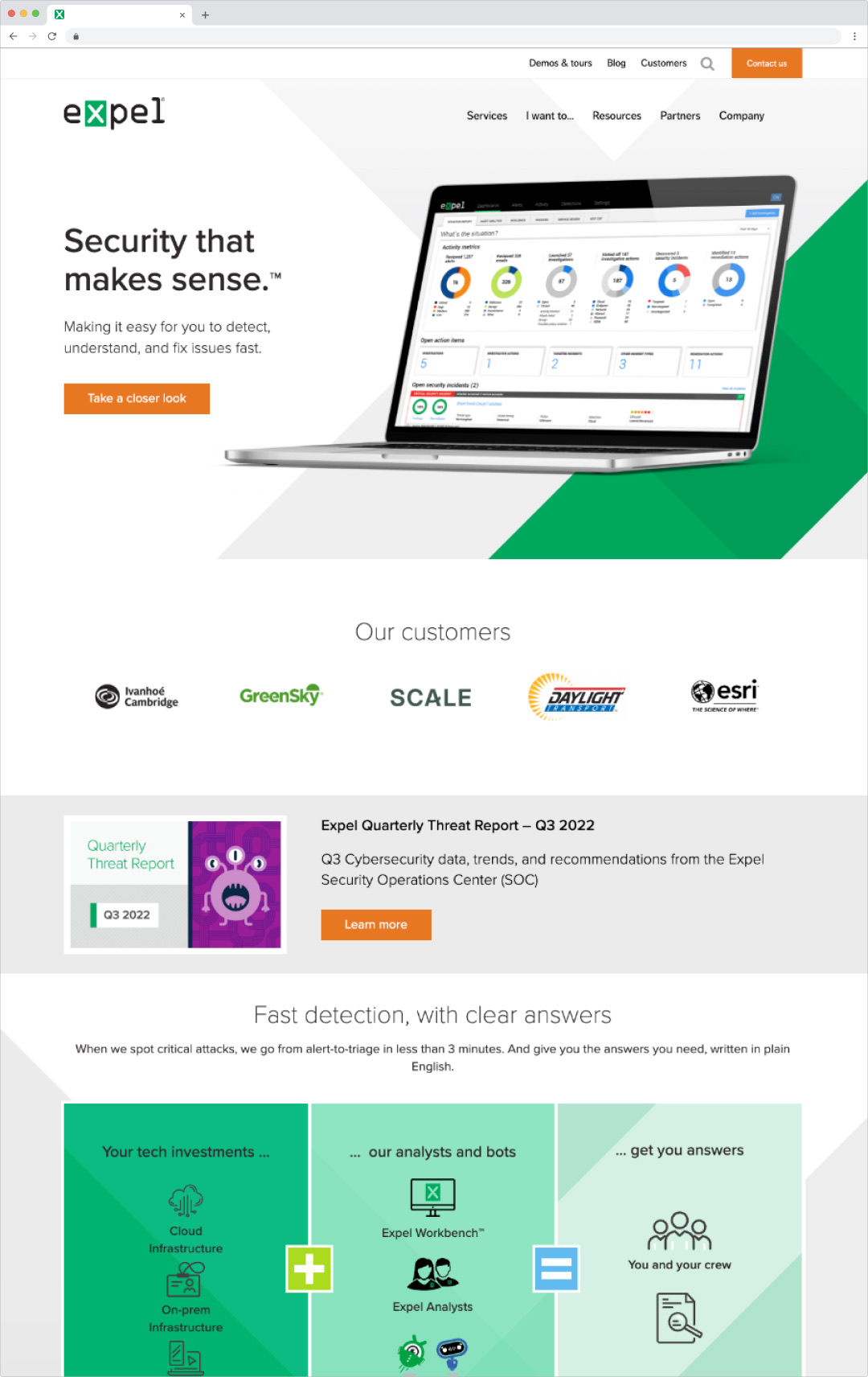 The Expel homepage before the refresh, with a bright green and orange palette and a playful threat report illustration