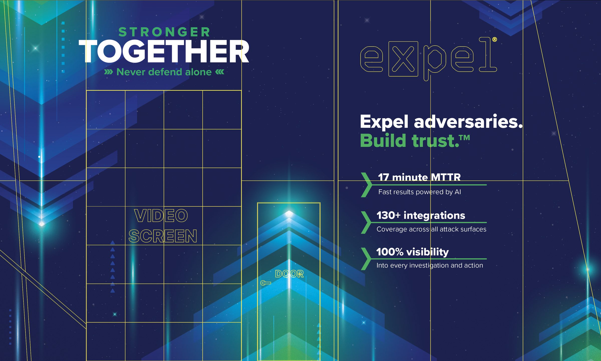 Production artwork for the Expel booth wrap, with Stronger Together type, the video screen and door marked on a dark blue sci-fi background