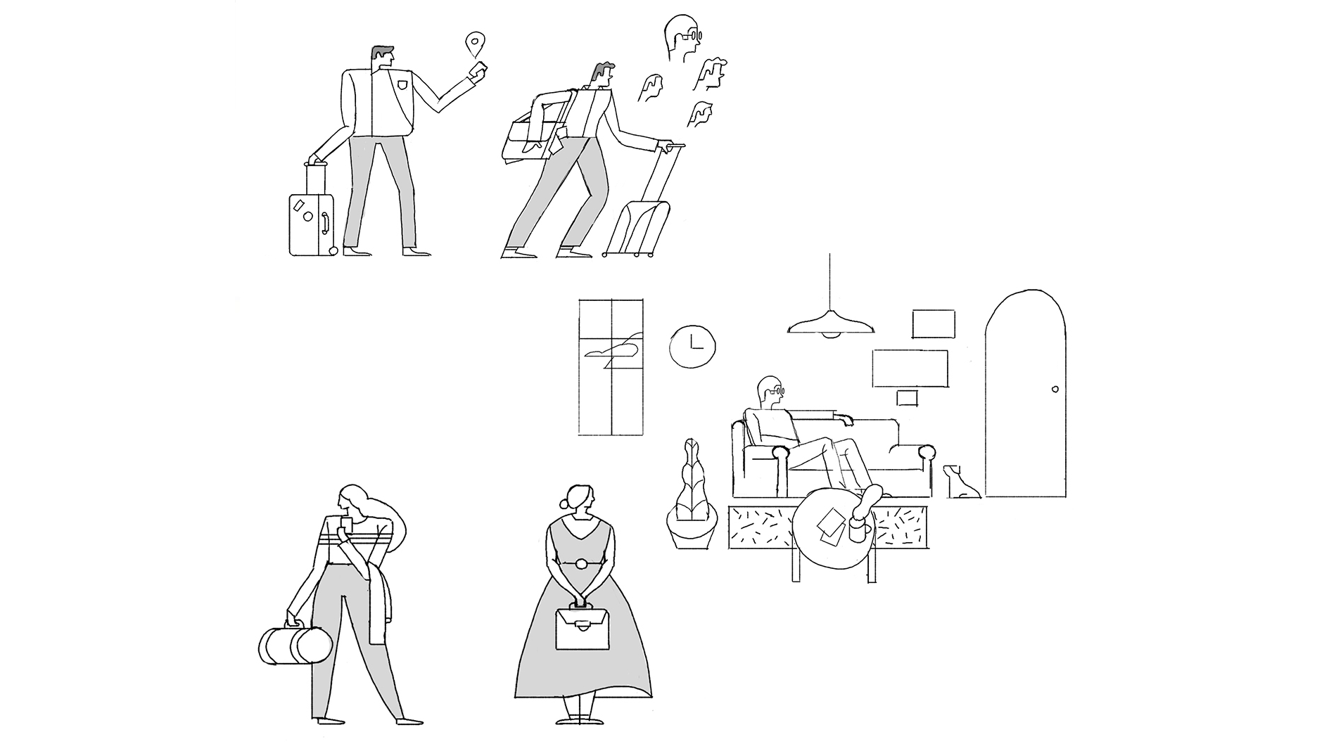 Black and white concept sketches of travelers with luggage and a man relaxing on a sofa at home