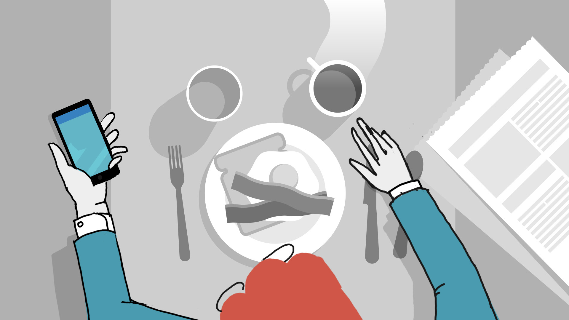 A style frame in progress, a traveler at breakfast seen from above, checking TripIt on a phone