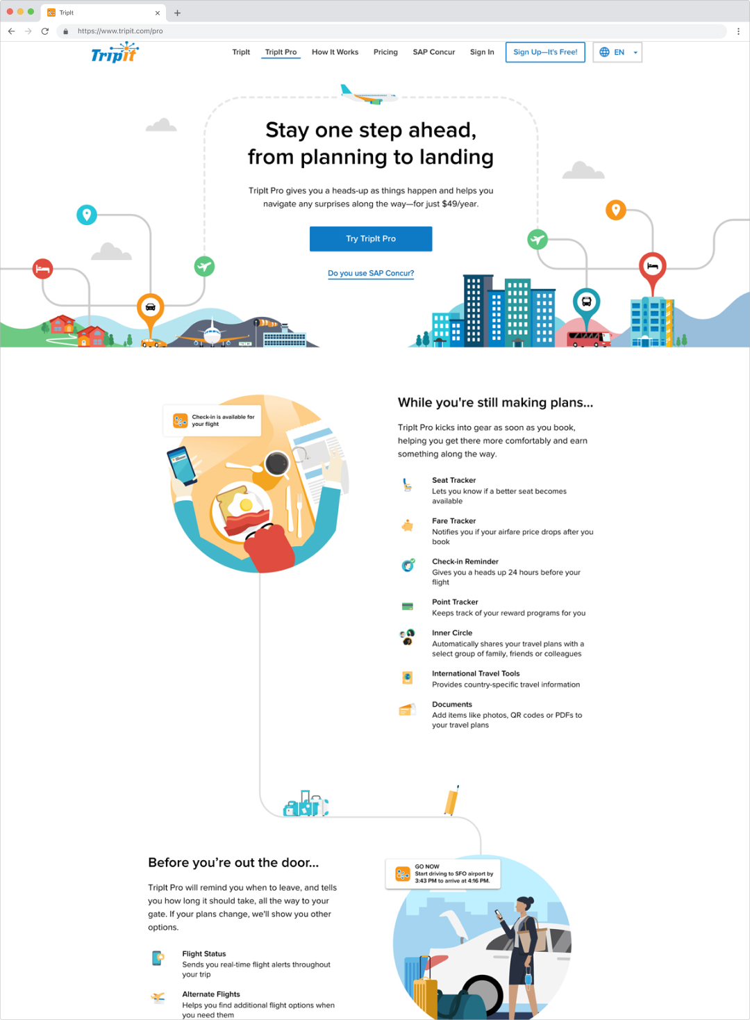 The TripIt Pro page after the rebrand, features grouped by stage of the trip