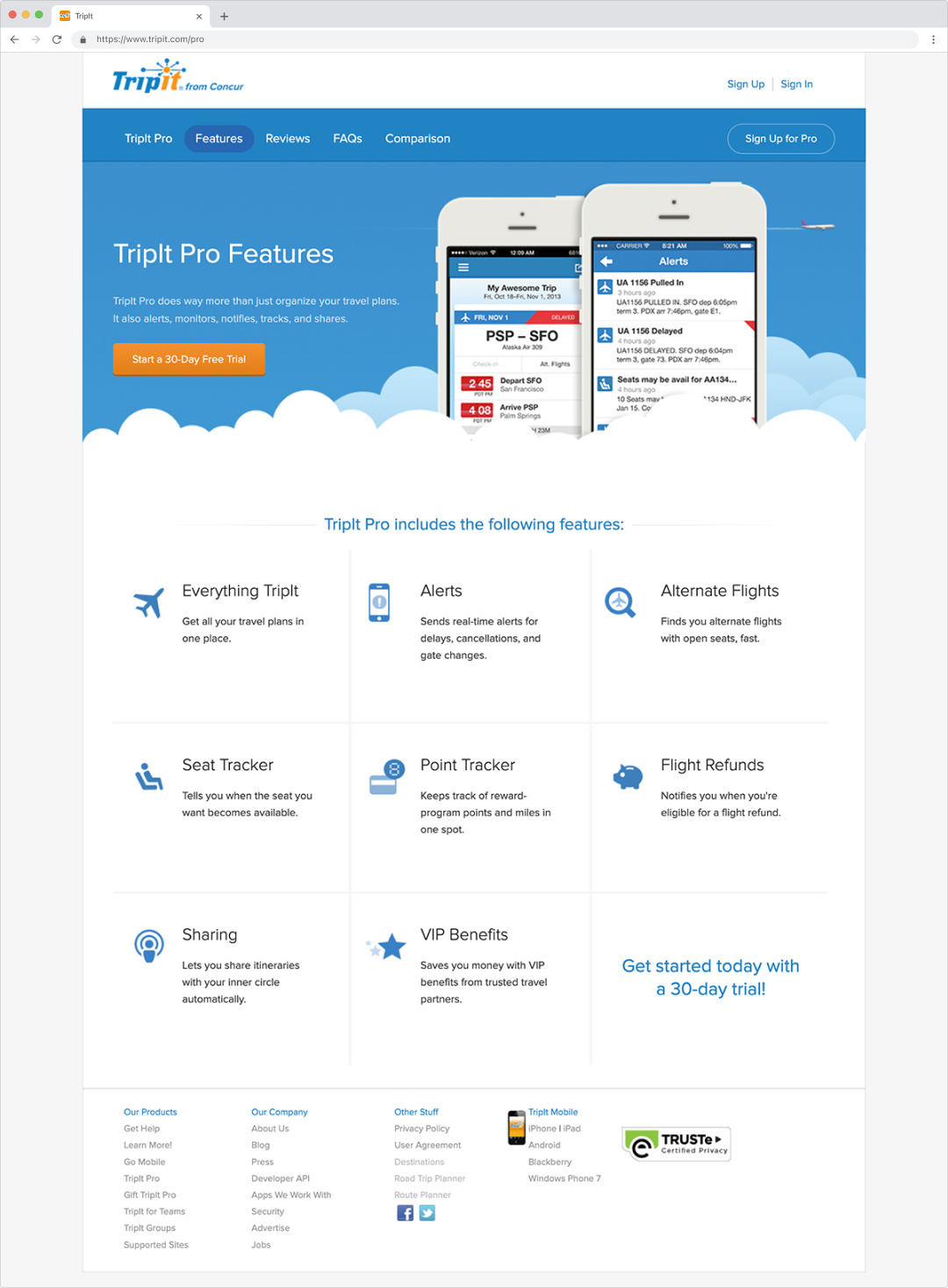The TripIt Pro page before the rebrand, a list of features