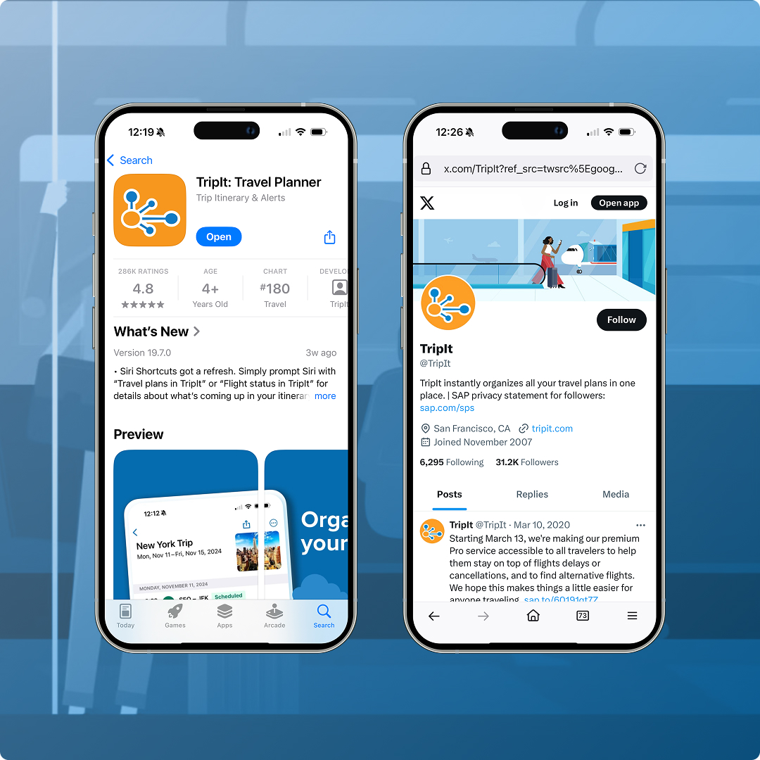 The redesigned TripIt app icon in the App Store and on social