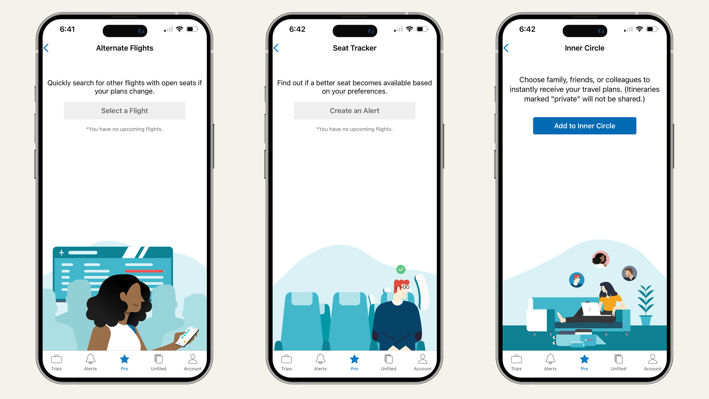 Three TripIt Pro app screens, Alternate Flights, Seat Tracker and Inner Circle, each with an illustrated traveler