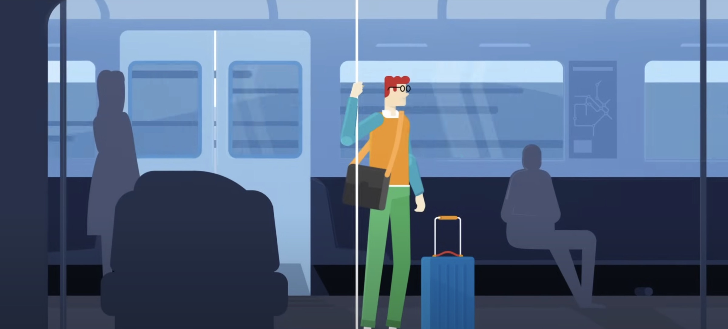 An illustrated traveler with a suitcase on a train, from the TripIt brand launch