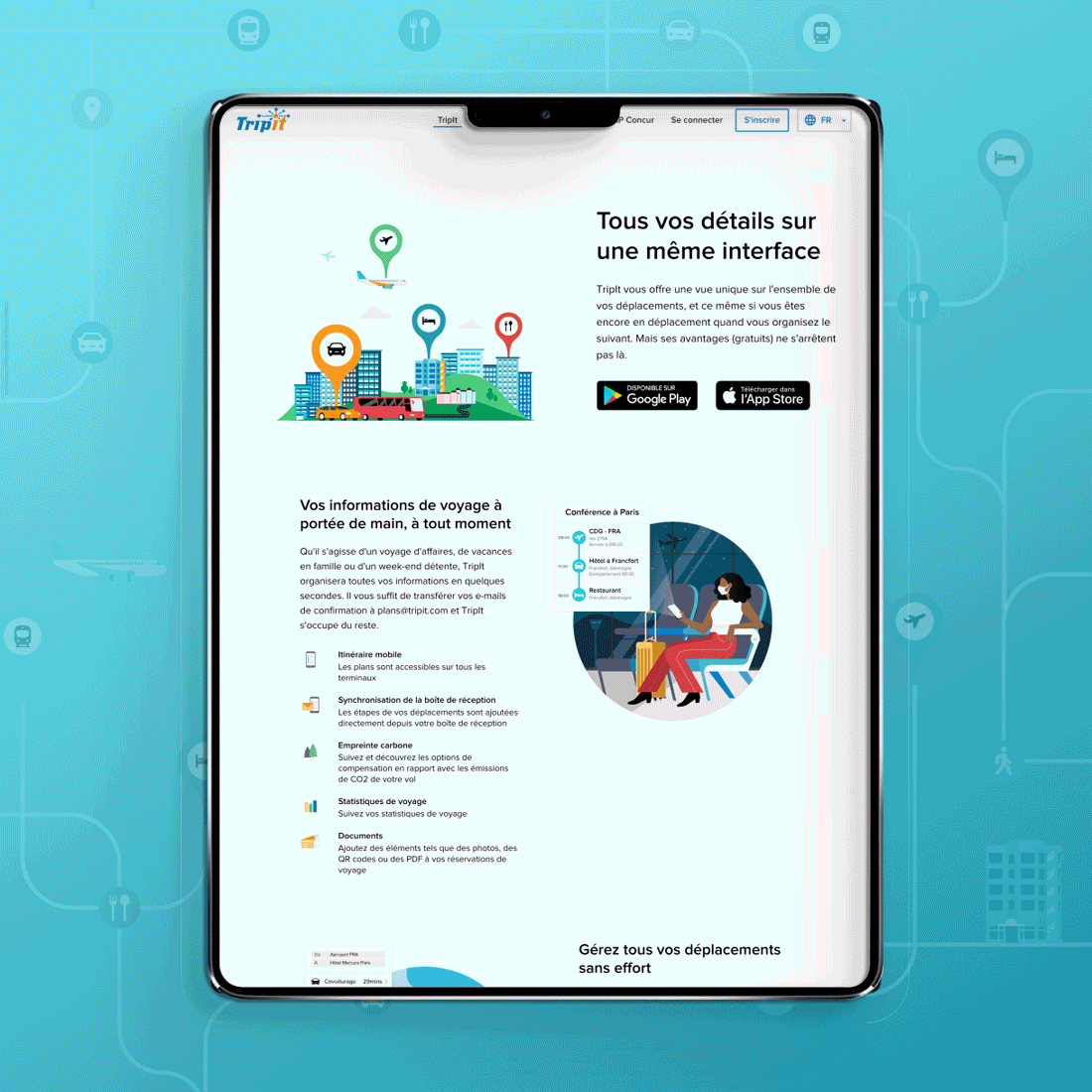 The TripIt website cycling through localized languages on an iPad